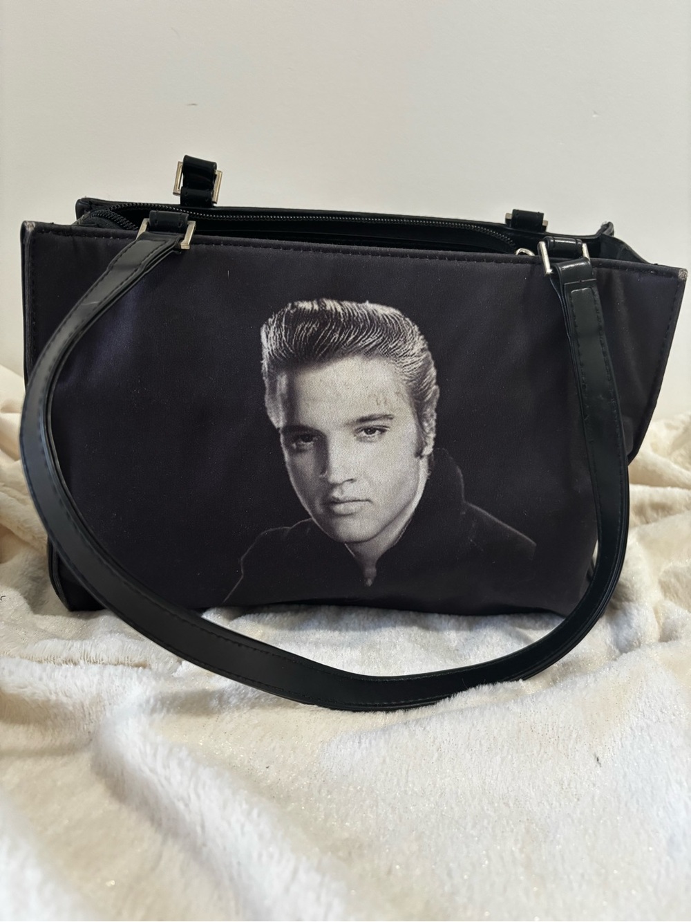 Vintage Elvis Presley Portrait Black Shoulder Tote Bag AS-IS